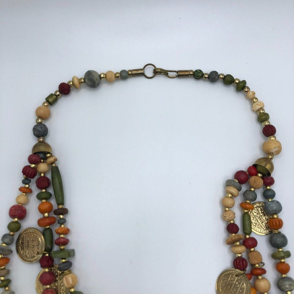 Vintage Gold Coin Wood Bead Multicolor Three Strand Statement Necklace - Picture 5 of 5